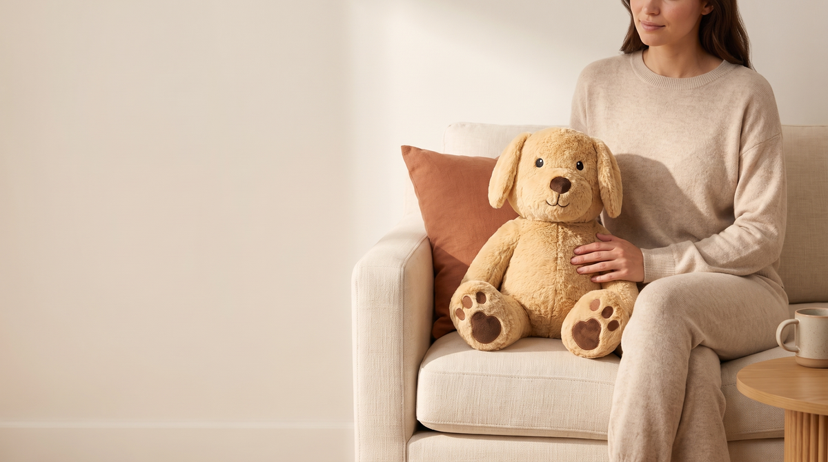 Vrouw ontspant op een linnen bank met de Calming Paws verzwaringsknuffel op schoot