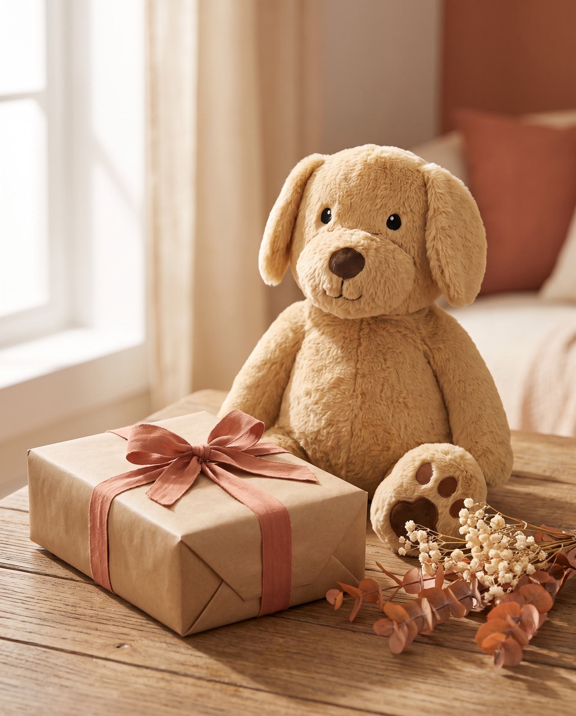 Verzwaringsknuffel naast een ingepakt cadeau als attent geschenk